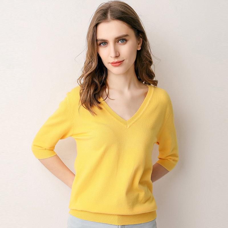 GMXIA Spring Summer Fashion Solid Color V-neck Pullover Knitted Sweater for Women