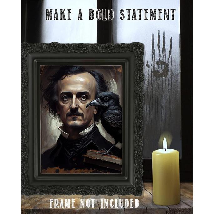Edgar Allan Poe and the Raven Portrait Poster - 11x14 Print Raven Wall Art - Gothic Decor - Spooky Wall Decor