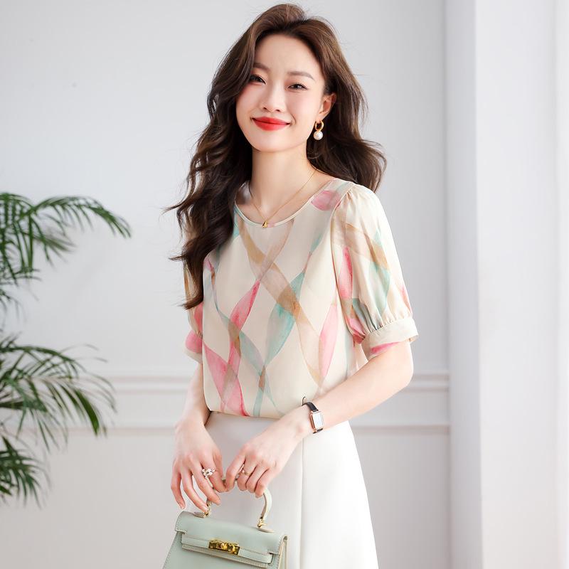 

Женский топ-пуловер с короткими рукавами из шифона контрастного цвета 2025 года 2XL