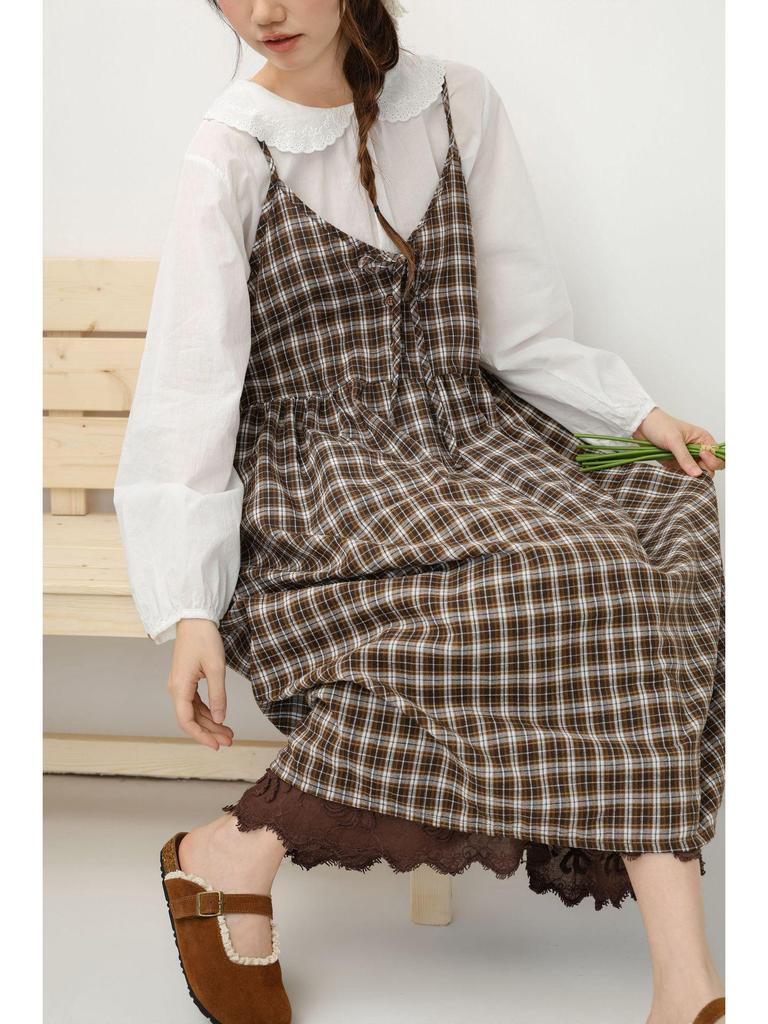 2026 Spring/Summer Mori Girl Lace-up Plaid Maxi Dress - Versatile Layered Camisole Skirt