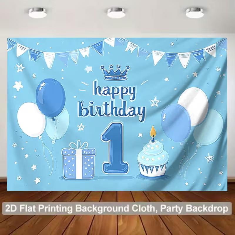 2D Blue Happy 1st Birthday Backdrop Crown Balloon Party Background Banner
