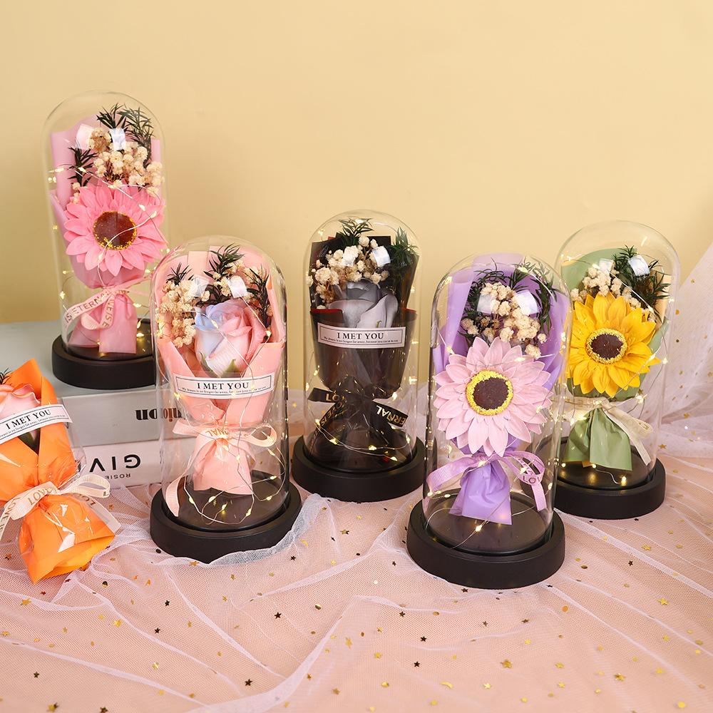 Qixi Festival Valentine's Day Gift Glass Cover Immortal Rose Soap Flower for Boyfriend and Girlfriend Exquisite Ornament
