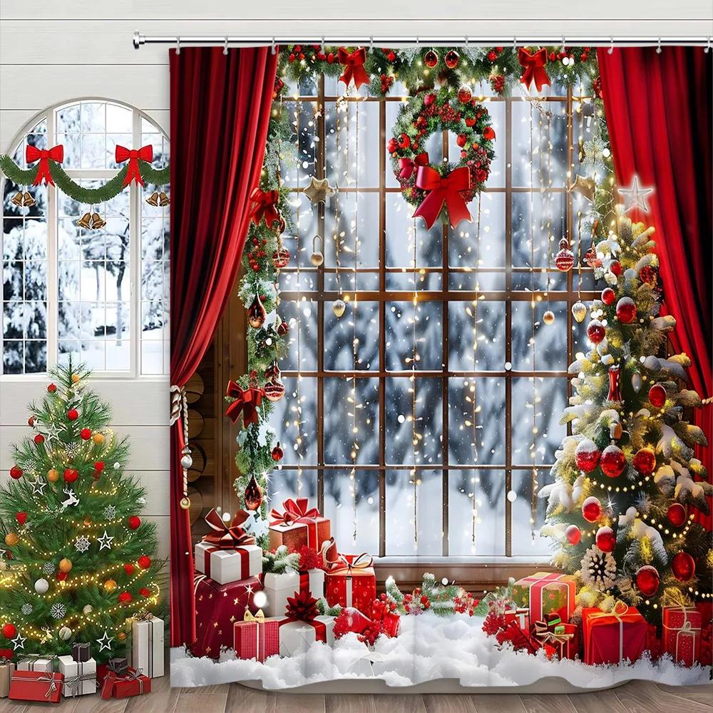 Christmas Shower Curtain Winter Holiday Farm Mantel Stockings Gifts Rustic Pine Home Polyester Fabric Bathroom Decor Curtain Set
