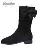 Fashion 2025 Autumn New Women's Mid-calf Boots Slip on Pleated Bowknot Short Boots Fashion PU Suede Ladies Botas Para Mujer Large Size36