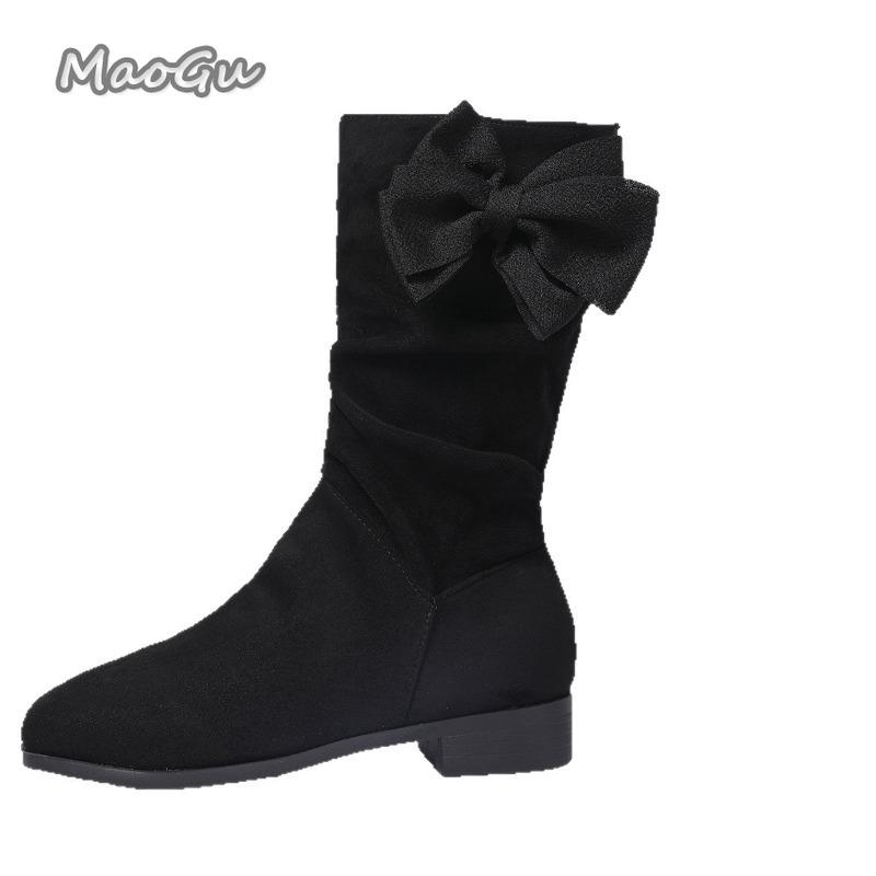 Fashion 2025 Autumn New Women's Mid-calf Boots Slip on Pleated Bowknot Short Boots Fashion PU Suede Ladies Botas Para Mujer Large Size36