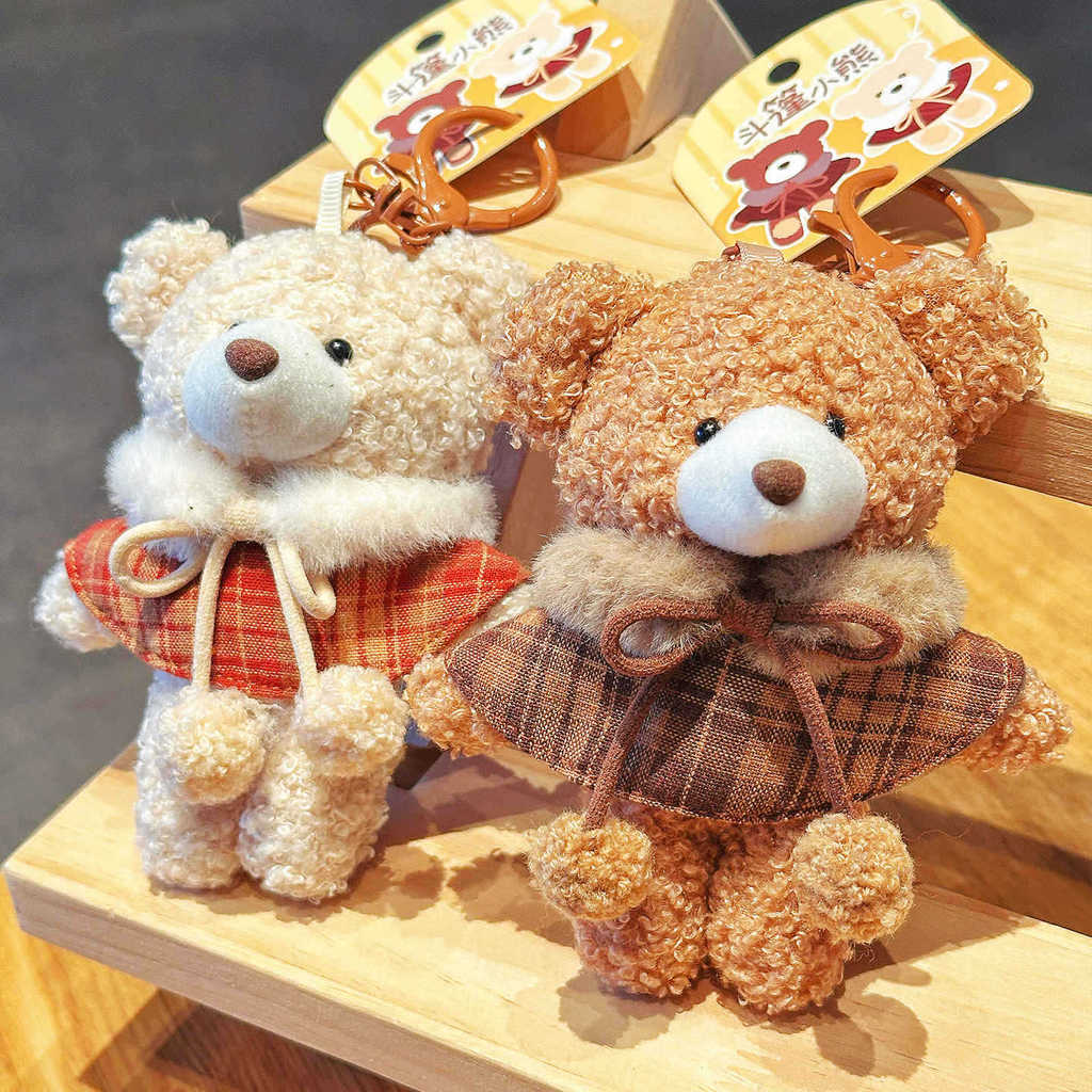 Cute Plush Bear Keychain With Checkered Cape Design For Gift And Bag Decoration