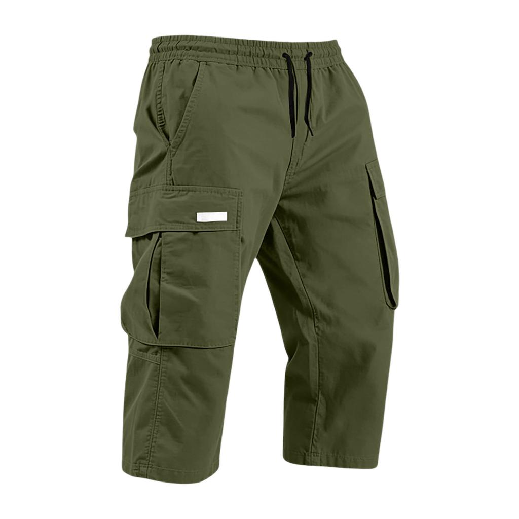 Men’s Drawstring Waist Multi Pocket Cargo Capri Pants Relaxed Fit Seven Quarter Length Casual Trousers for Everyday Wear