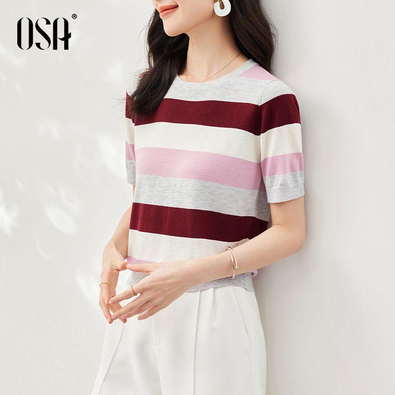 

OSA Полоски для похудения Летняя одежда из ледяного шелка Универсальный короткий рукав Pink purple A S