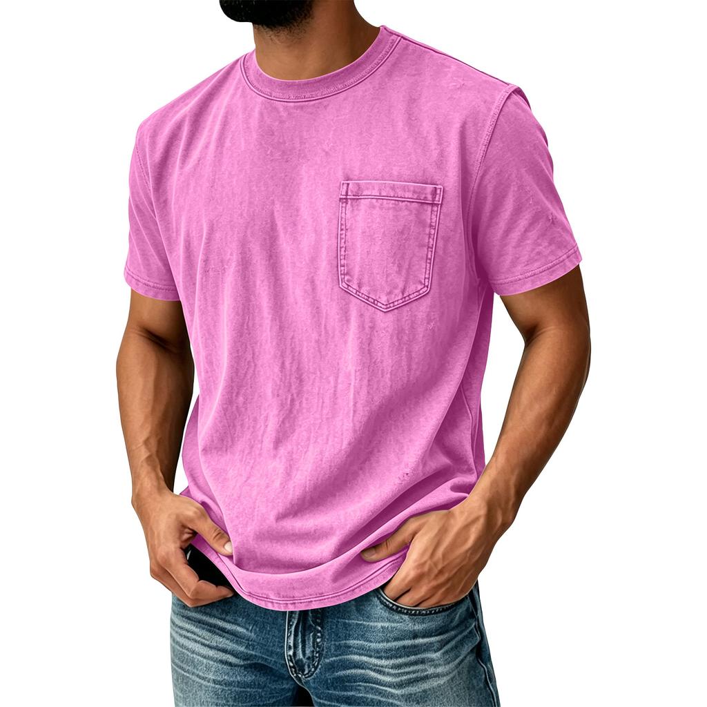 Men Vintage Washed Short Sleeve T Shirt Crew Neck with Chest Pocket Casual Loose Fit Soft Fabric Classic Style