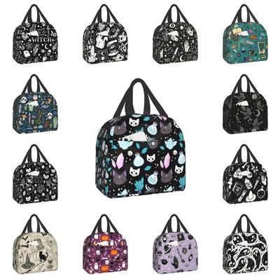 Muster Isolierte Lunchtasche für Schule Büro Halloween Katze Totenkopf Auslaufsichere Kühltasche Thermische Bento-Box Frauen Kinder