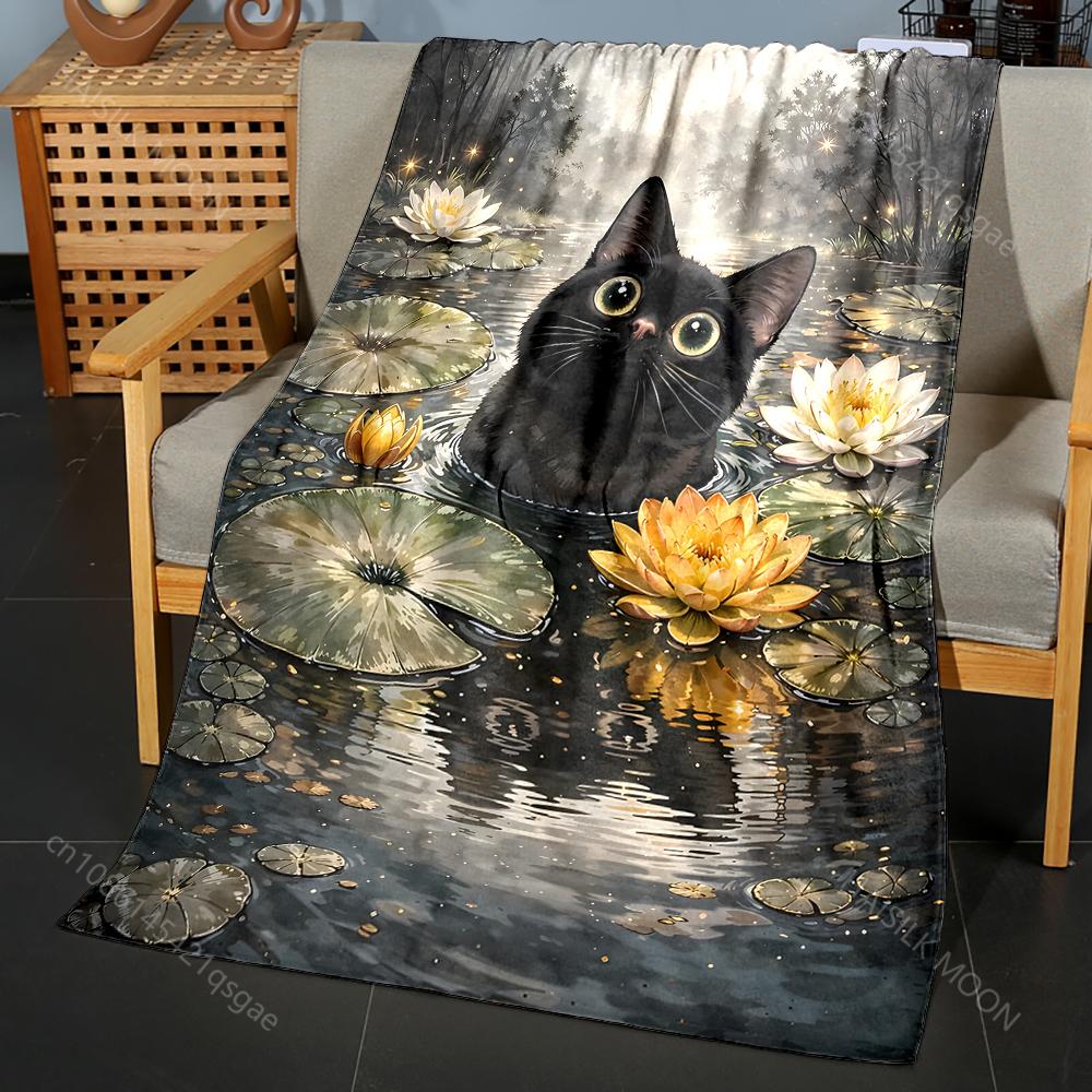 Multiple sizes Black cat in pond Print Adult Children Warm Blankets Home Travel Car Soft Comfortable Suitable for all seasons