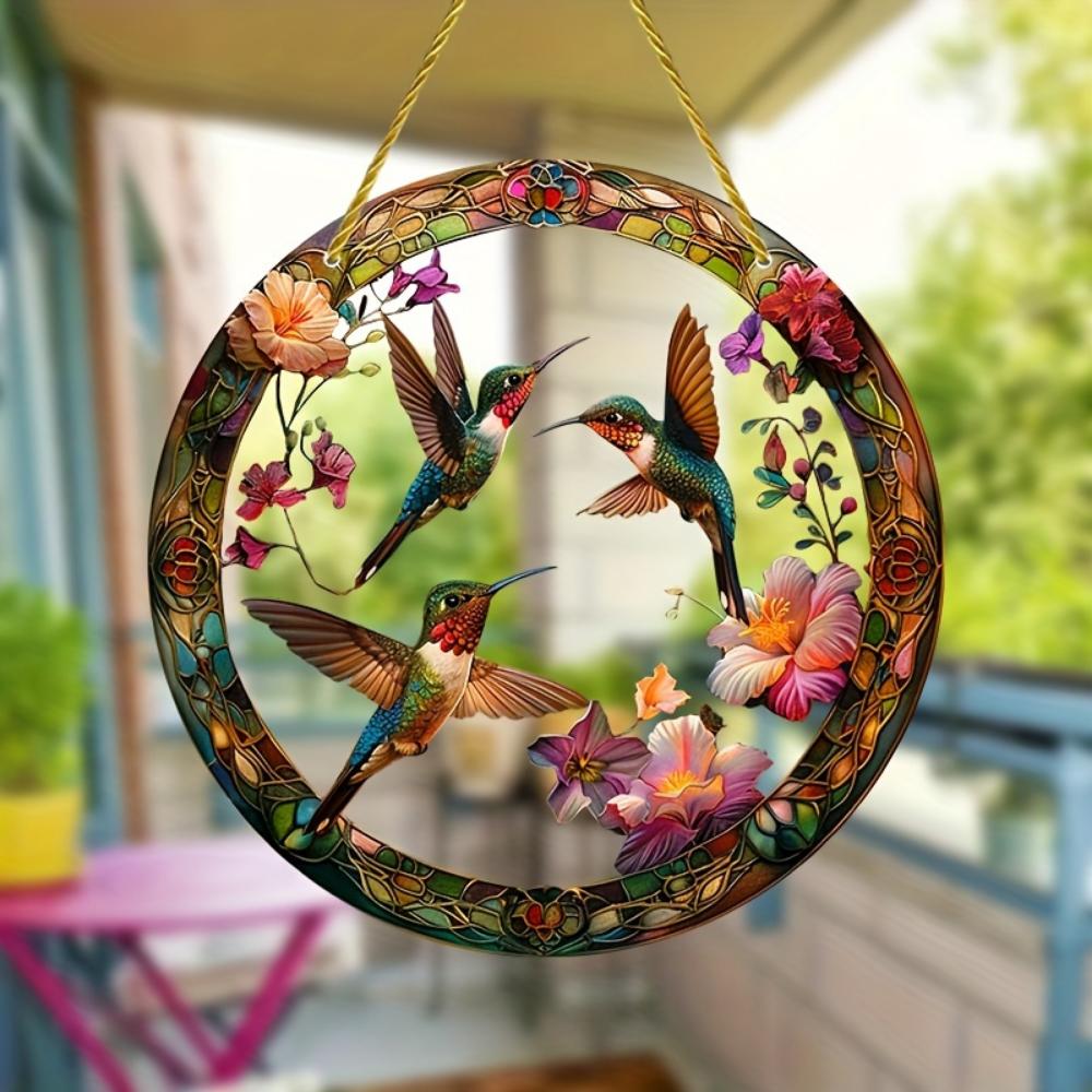 20CM 2D Flat Hummingbird Flower Color Art Translucent Round Window Hanging Decorative Acrylic Decorative Sun Catcher Parasol for   Garden Gift