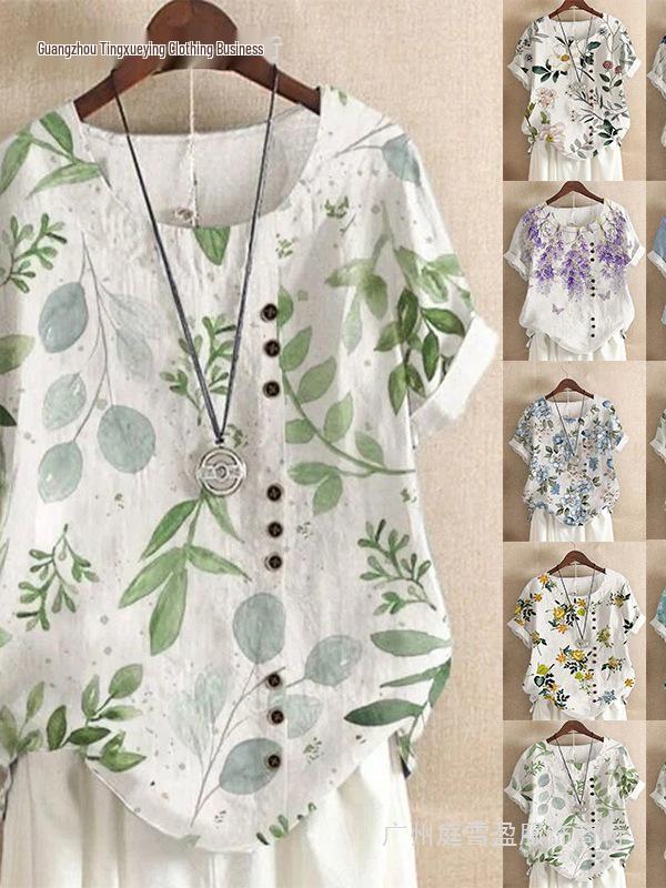 Women's Summer Retro Print Loose Cotton-Linen Short Sleeve Casual T-Shirt