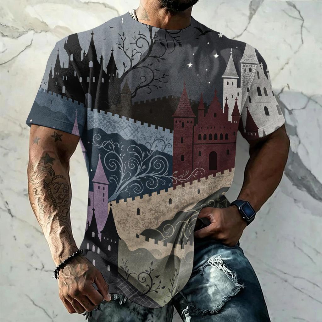 Men's Halloween Vintage Short Sleeve T Shirt Loose Breathable Summer Sports Street Casual Everyday Top with Pumpkin and Bat Print