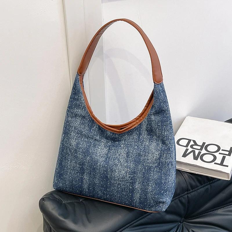 Elegant Large Capacity Tote Bag for Women  Versatile Shoulder Bag for Travel  Denim Bag Underarm  Fashionable Shoulder Bag