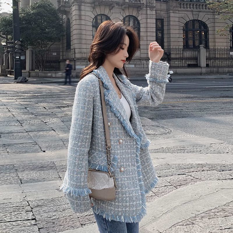 Fashionable Lapel Suit Jacket for Ladies, Winter Sweet Checkered Suit Jacket