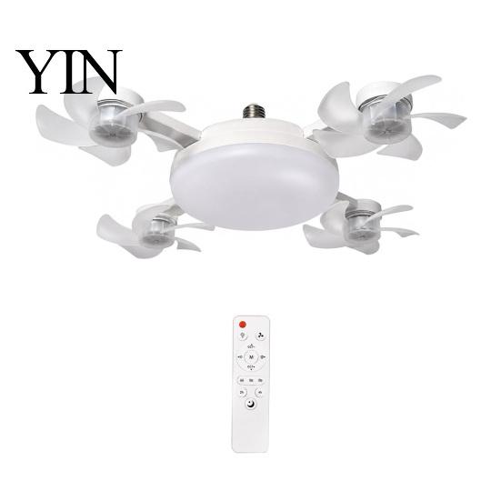E27 Socket Fan 3/4/5 Blade Ceiling with Light & Remote Control, 2-in-1 Silent LED Drone Compact Ventilation Lamp Foldable Blades, 3-Speed Dimmable for