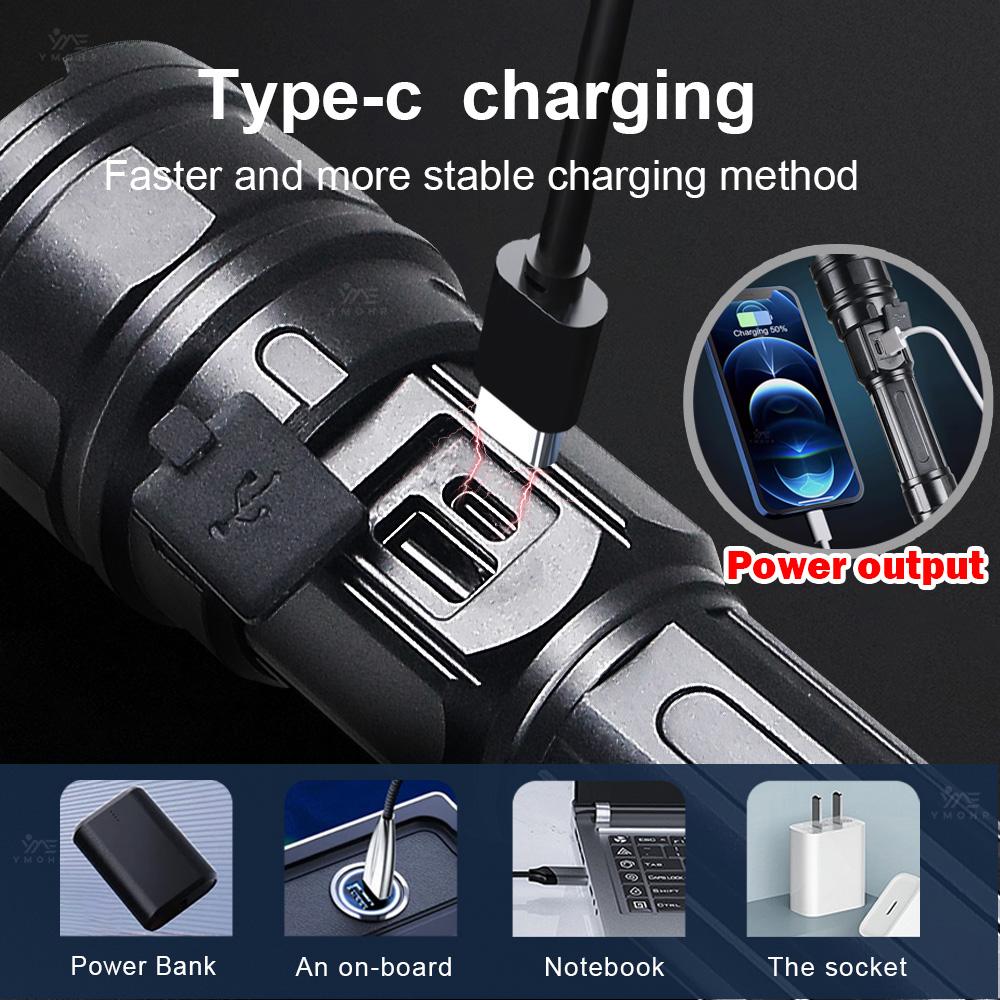 280000LM Handheld Outdoor Flashlight White Laser Torch Type-C Rechargeable LED Flashlight Durable Zoomable SOS Emergency Lamp