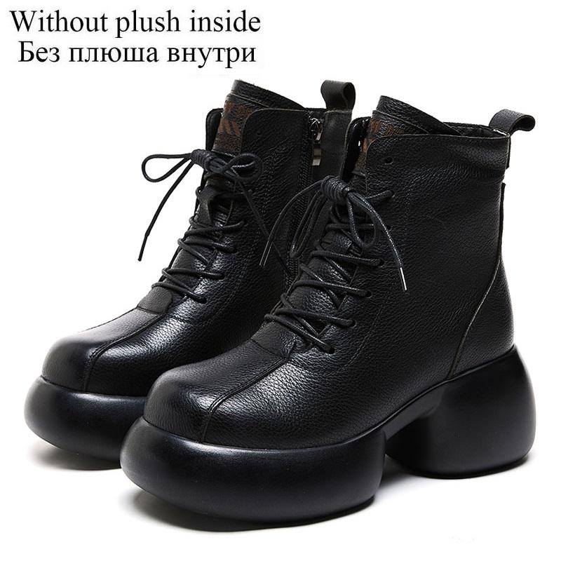 Fashion GKTINOO Women Genuine Leather Thick High Heel Ankle Boots Genuine Leather Handmade Retro Platform Thick Plush Warm Casual Boots