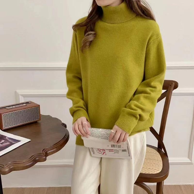 turtleneck solid color pullover sweater women's autumn and winter new loose lazy bottomed knitted sweater