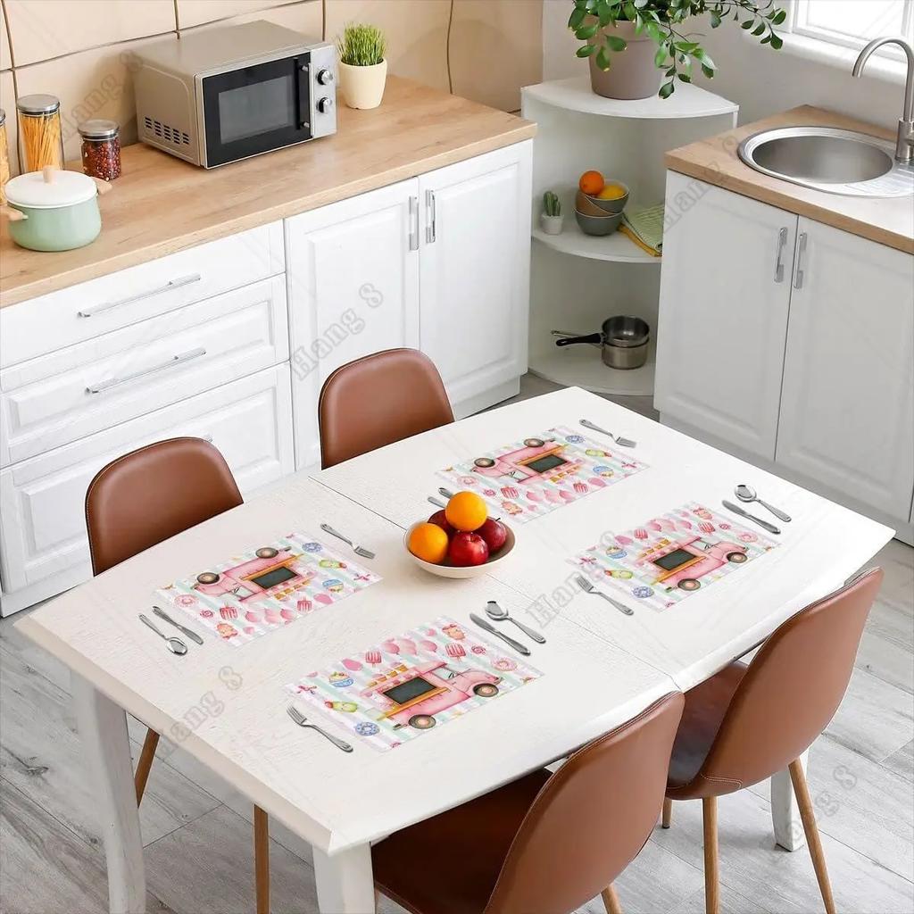 4PC Ice Cream Truck Placemat ,Sweet Doughnut Outdoor Indoor Place Mats,Stripe Washable Durable Table Mats 30X45cm