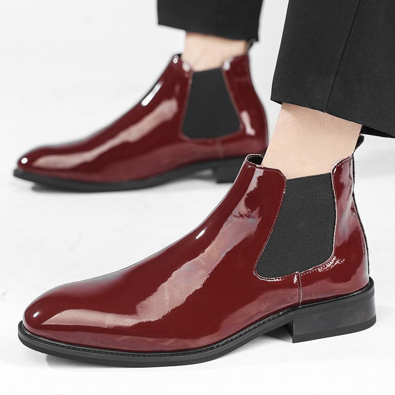Chelsea Boots pour Hommes Cuir Verni Noir Rouge Boucle Cheville Bout Rond Affaires Classique Fait Main Bottines Courtes pour Hommes Botas De Hombre