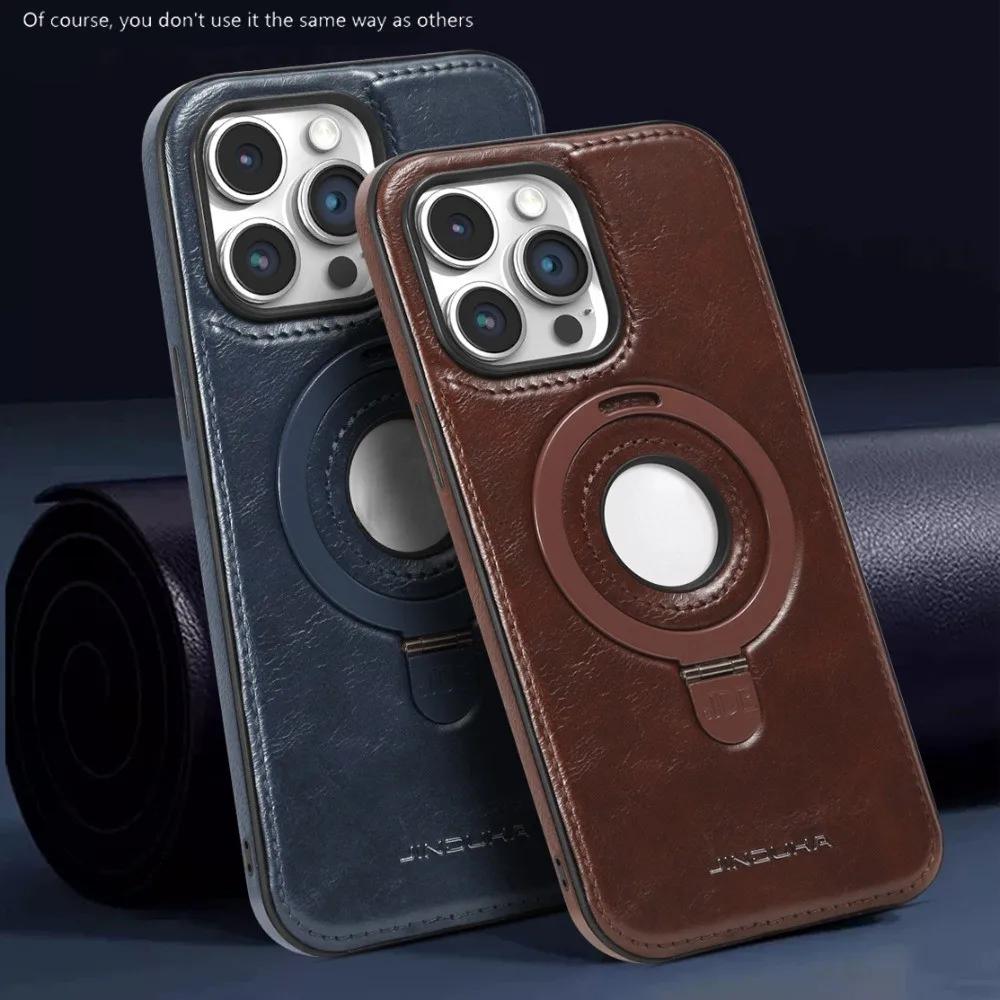 Luxusní neviditelný držák na prsten Stojan Magnetické kožené pouzdro pro iPhone 15 Pro Max 14 Pro 14 Plus 13 12 11 Pro Magsafe Pevný kryt