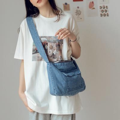 Denim tøyveske Messenger Bag for kvinner Enkel mote liten veske Student skulderveske Allsidig lerretsveske