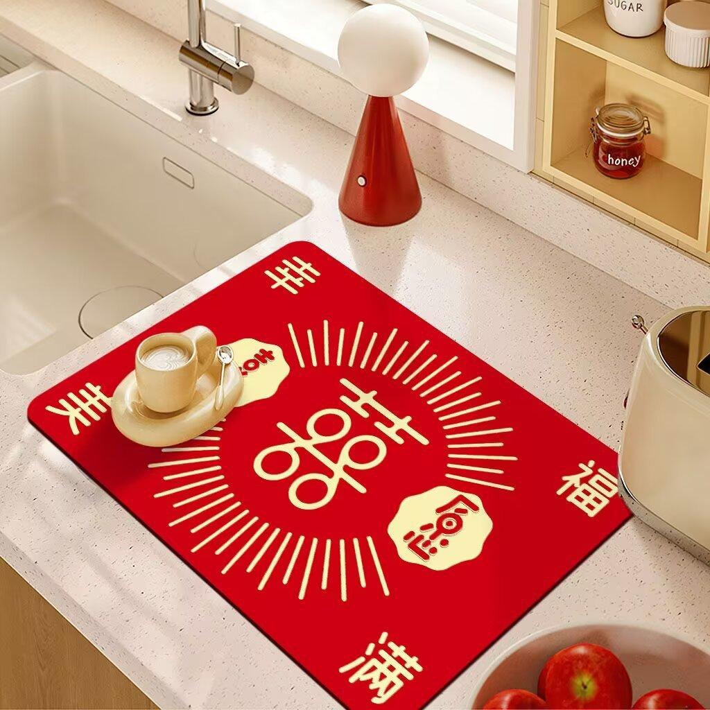 Wedding Drain Mat Red Festive Absorbent Soiled Mat Wash Table Technology Velvet Absorbent Coaster Bowl Mat