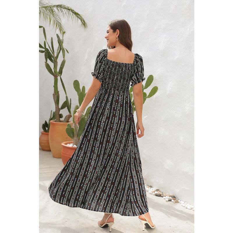 Šaty s potiskem svislých pruhů s rozparkem v pase, šaty na jedno rameno, prázdninové ležérní šaty