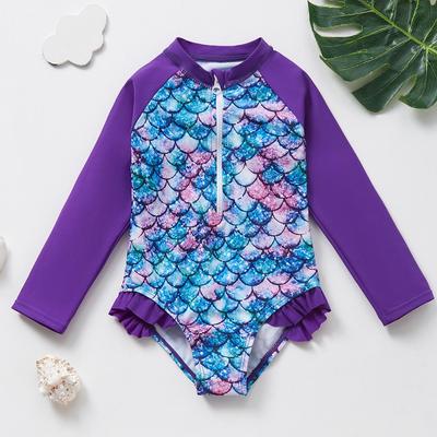 2025 Girls' Long Sleeve Fish Scale One-Piece Swimsuit with Sun Protection