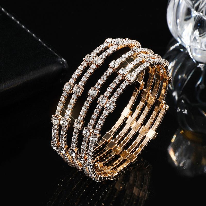 Claw diamond multi-row winding bracelet full diamond steel wire wide bracelet bride diamond-set opening elastic bracelet