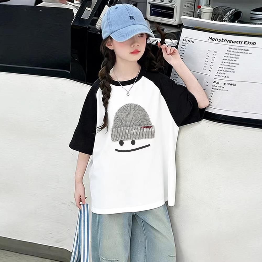 2026 Summer Color Block Raglan Sleeve Girls Cotton T-Shirt 170cm