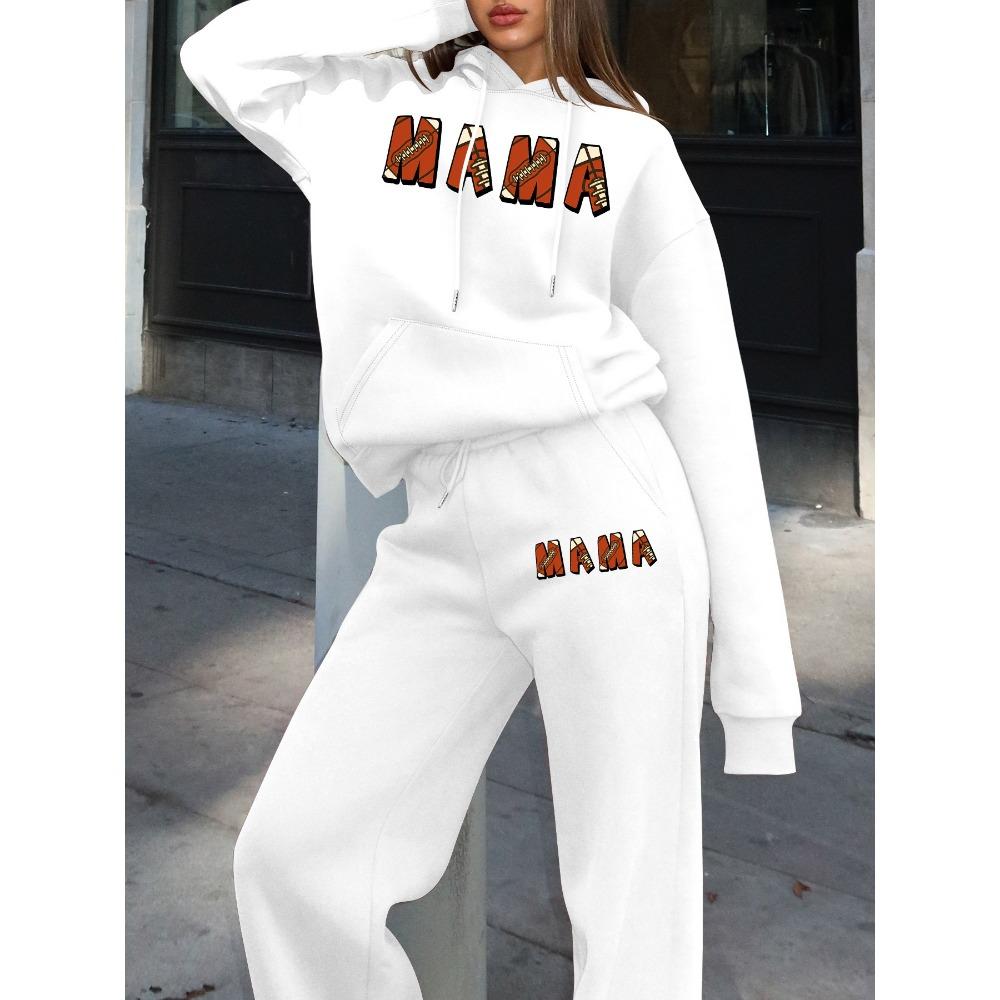 European and American Style Casual Two Piece Set, Retro Printed Hooded Sweatshirt with Matching Wide Leg Pants, Home Commuting Set
