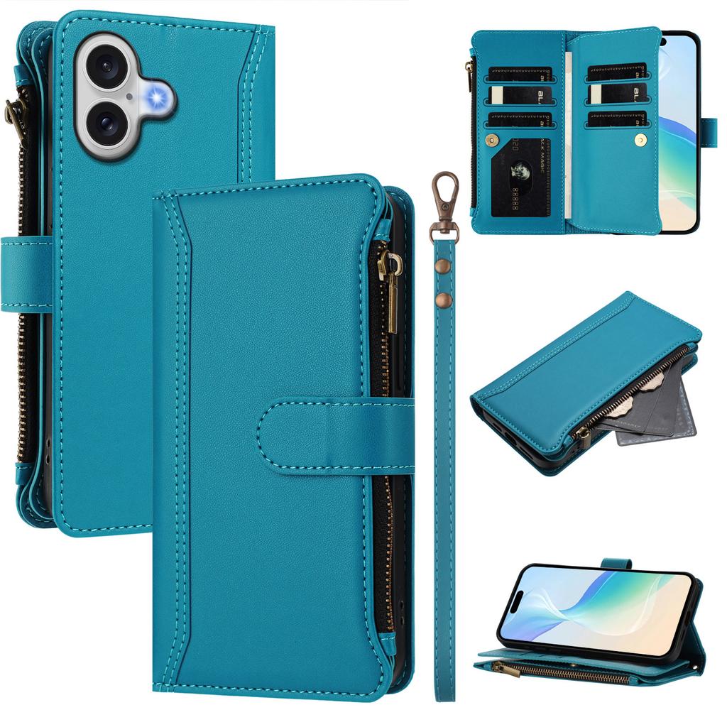 For iPhone 17 Leather Case 9 Card Slots Zipper Wallet Stand Phone Cover with Wrist Strap