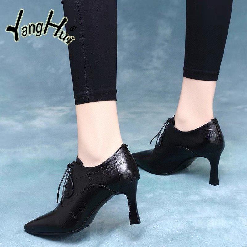 High Pumps Pu Plaid Lace-up Pointed Toe British Style Short Leather Boots Waterproof 2024 New Fashion Spring Autumn