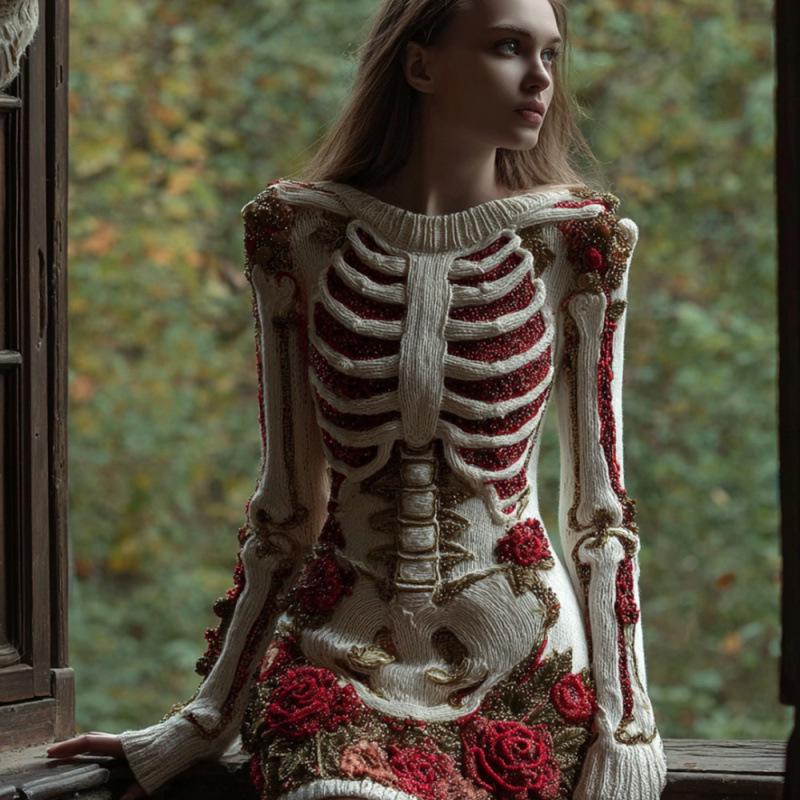 2025 Halloween European & American Street Style 3D Skull Print Short Sleeve Sweater