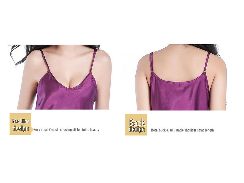 Dámská saténová noční košile: Letní tílkové šaty s výstřihem do V, volného střihu, plus size, s elegantním designem zad a krátkou délkou sukně.