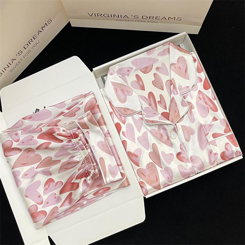 Ice Silk Pajamas Women'S Spring And Summer New Sweet Love Long-Sleeved Simple Wind Loungewear Set Real Shot