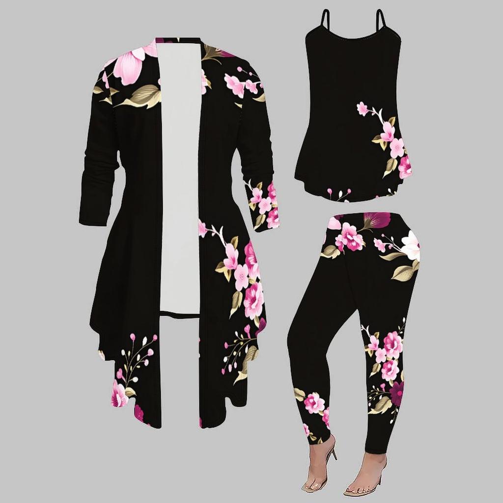 Plus Size Floral Print 3 Piece Outfit, Long Sleeve Open Front Cardigan Cami Top Leggings Set for Women