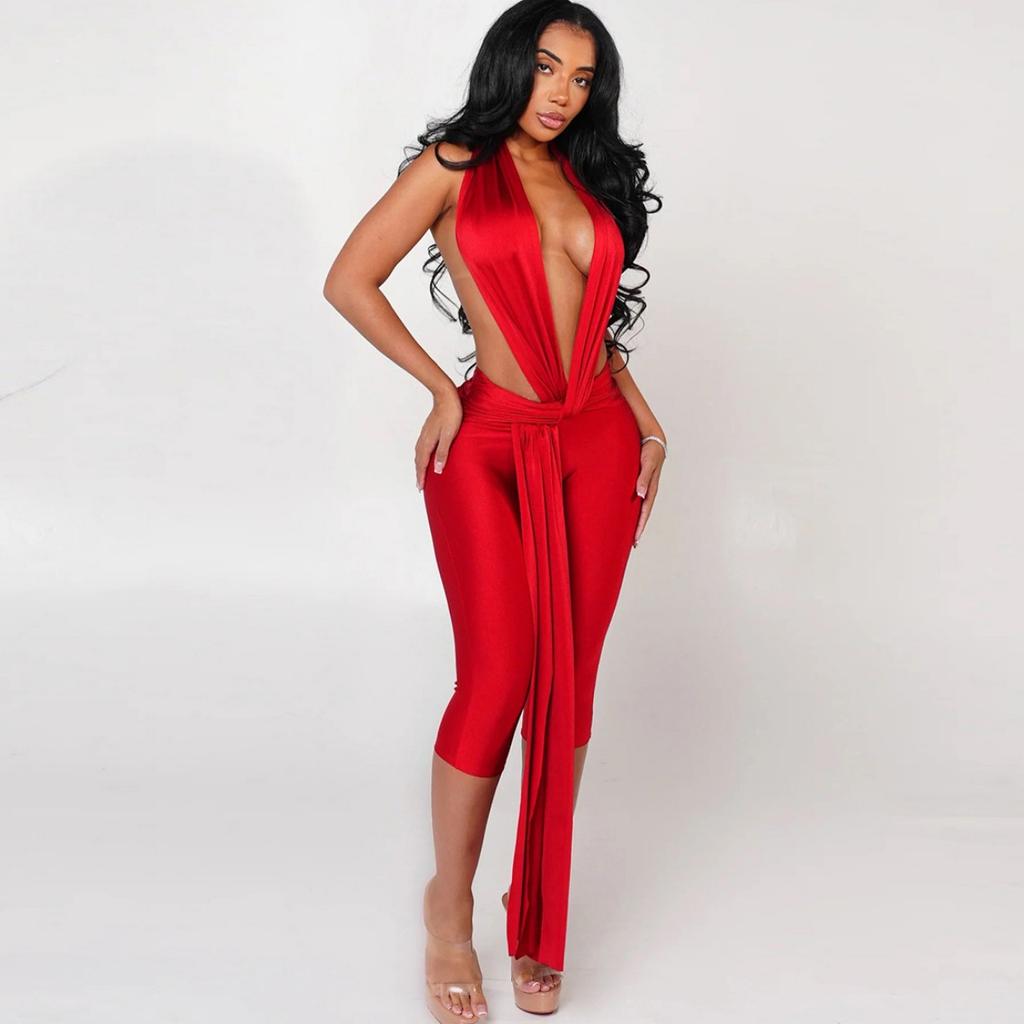 Fall European American Style Solid Color Sexy Sleeveless Halter Backless Tight Jumpsuit
