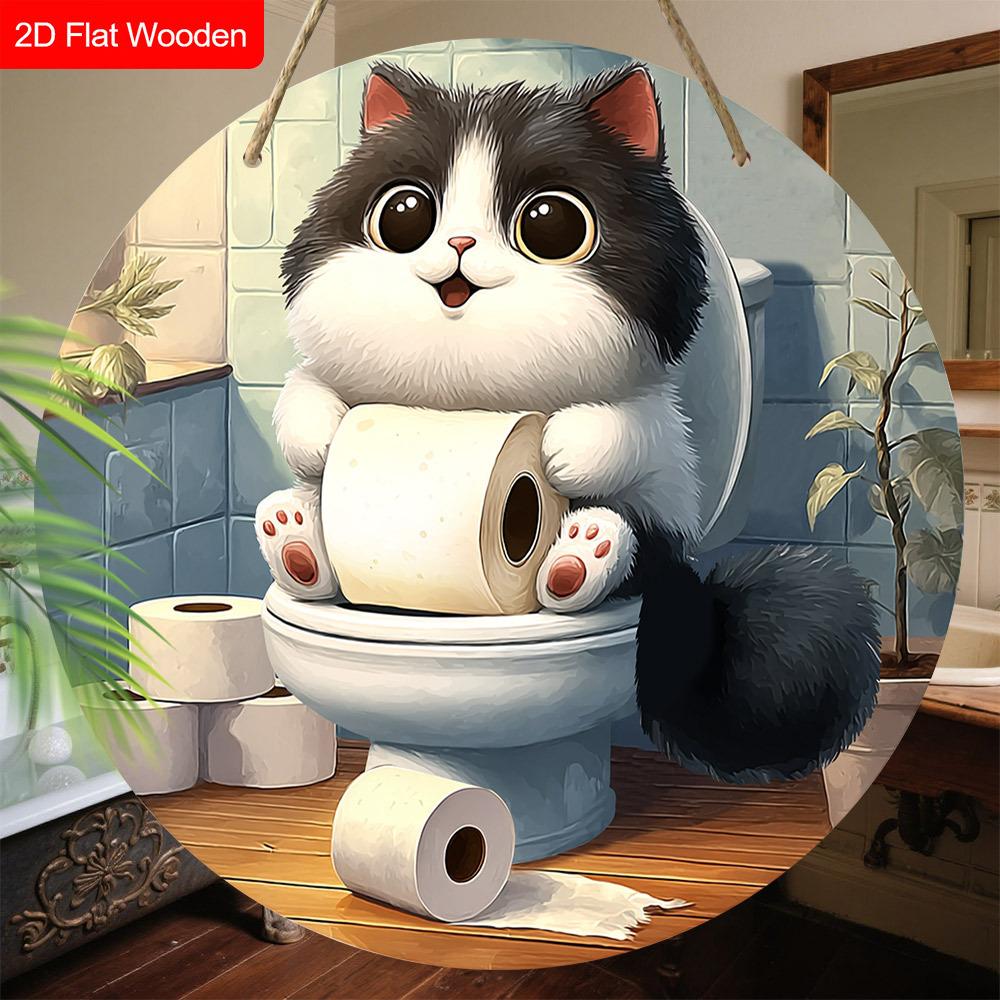 Drewniany Znak Łazienkowy ze Wzorem Kreskówkowego Kota - Unikalne Ozdoby Figurkowe - Idealny na Drzwi Łazienki, Dekoracja Ścienna