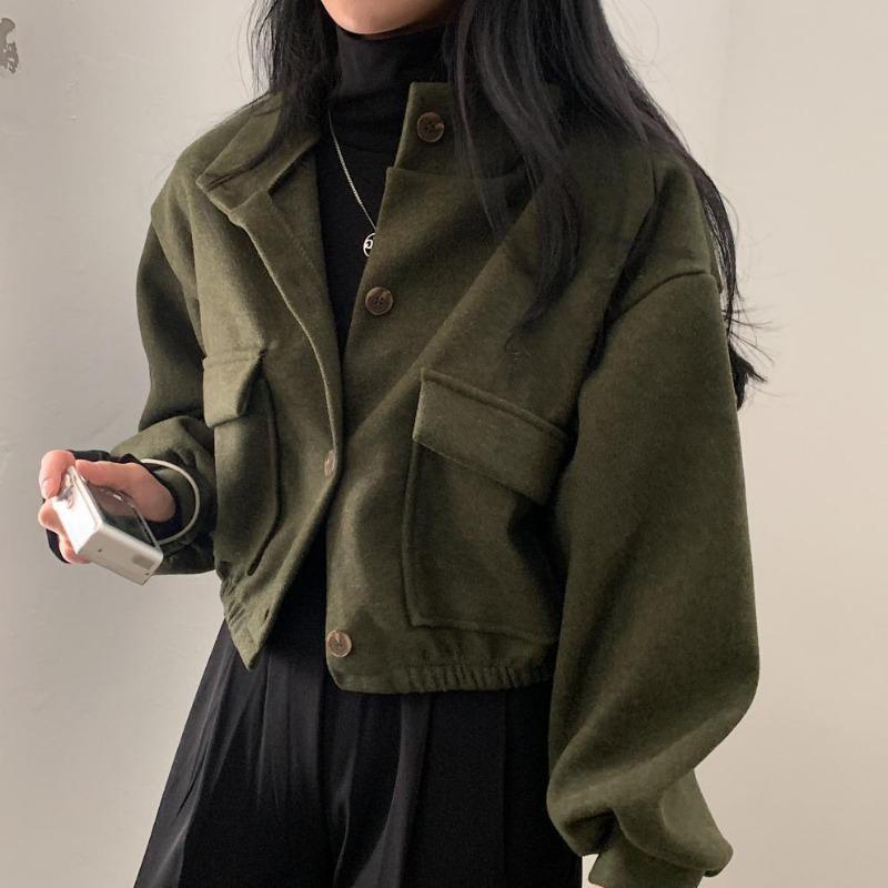 Women's Autumn and Winter Stand-up Collar Niche Short Slouchy Style Loose Casual Tweed Coat