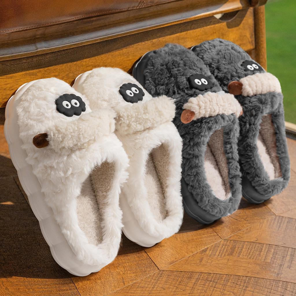 Cute Cotton Slippers Winter Indoor Home Thick Bottom Velvet Warm Couple Plush Cartoon Lamb Cotton Mop