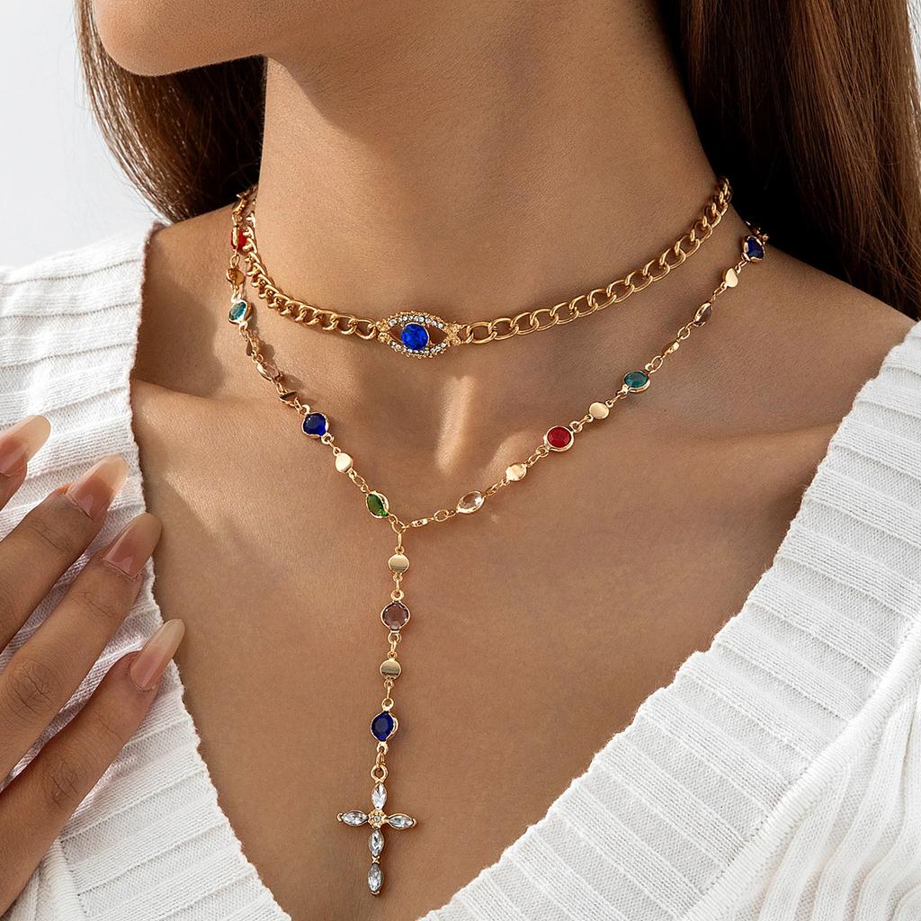 Élégant collier perle imitation femme, croix strass colorés multicouche avec collier en forme de Y
