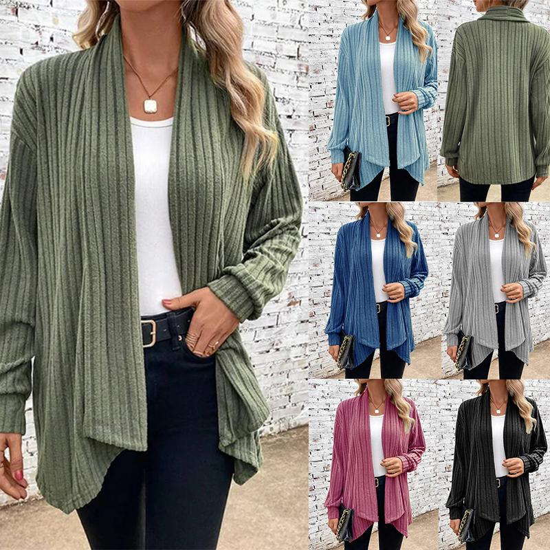 Women's Long Sleeve Cardigan Fall Winter Solid Color Open Front Knit Sweater Jacket