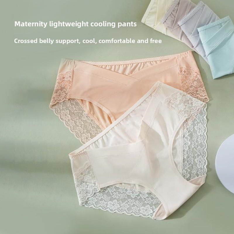 Women's Summer Thin Lace Ice Silk Low Waist Belly Comfort Antibacterial Pregnant Briefs
