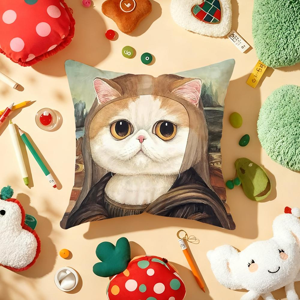 Art Cat Cute Cushion Cover Plush Fabric Soft Double-Sided Printed Sofa Warm Winter Home Child Gift Pillow Case