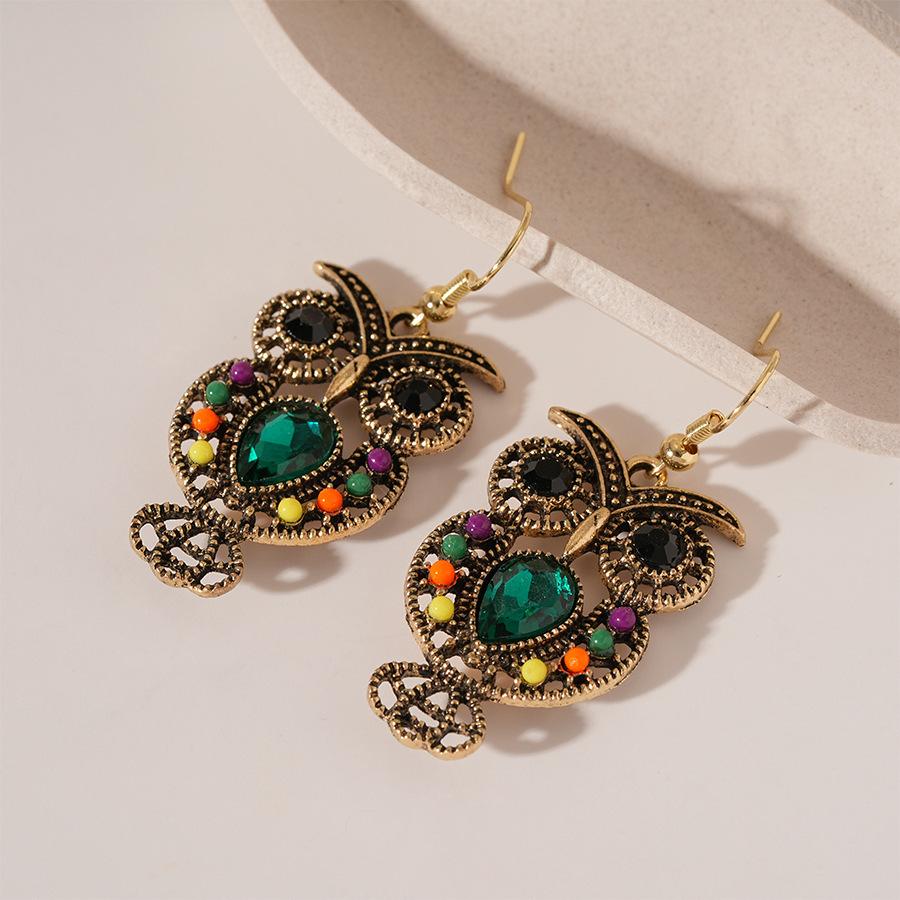 Ретро этнические серьги-гвоздики с ушками совы, инкрустированные цветными камнями, персонализированные креативные серьги