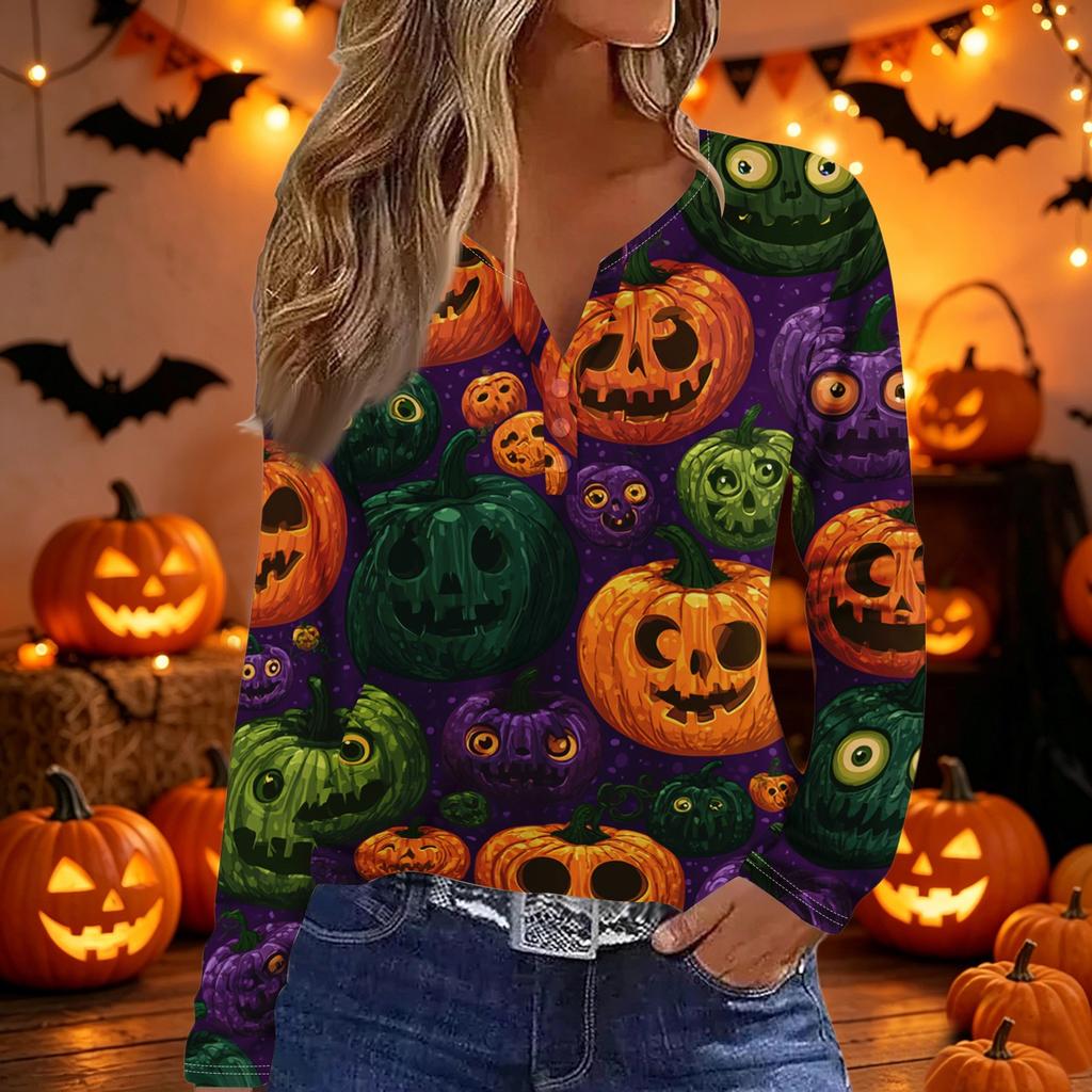 Womens Casual Long Sleeve V Neck Button Down Top Halloween Print Pullover Shirt Lightweight Comfortable Fit